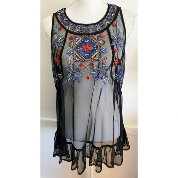 Lauren Conrad • Black Sheer Ruffle Trim Embroidered Tank Top - Picture 1 of 5